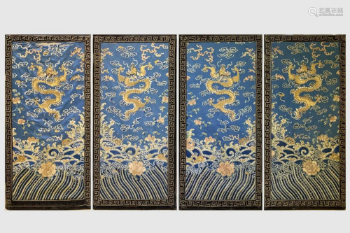 FOUR PANELS OF LARGE CHINESE BLUE EMBROIDERY TAPESTRY