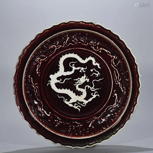 CHINESE PORCELAIN RED GLAZE WHITE DRAGON CHARGER