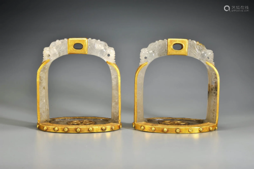 PAIR OF CHINESE GOLT MOUNTED ROCK CRYSTAL STIRRUP