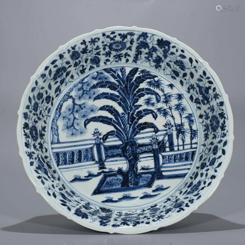 CHINESE PORCELAIN BLUE AND WHITE GARDEN VIEWS BRUSH…