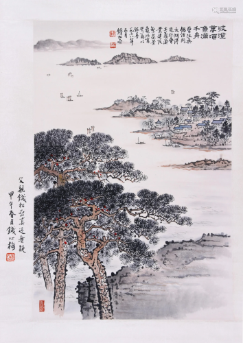 CHINESE SCROLL PAINTING OF RIVER VIEWS SIGNED BY QIAN
