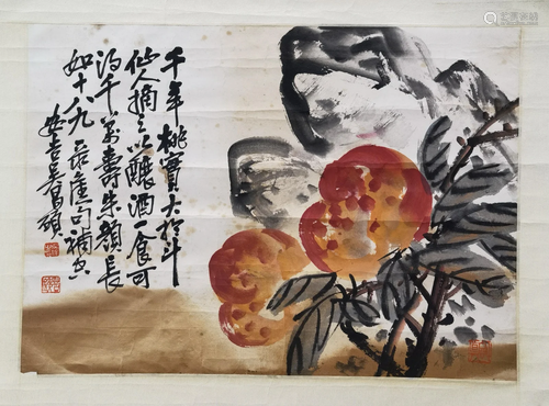 CHINESE SCROLL PAINTING OF PEACH WITH POEM SIGNED BY …