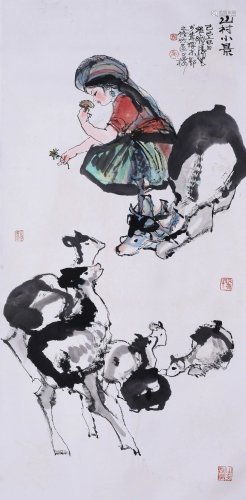 CHINESE SCROLL PAINTING OF GIRL AND DEER SIGNED BY