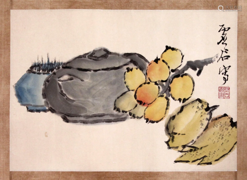 CHINESE SCROLL PAINTING OF FRUIT AND TEA POT SIGNED BY