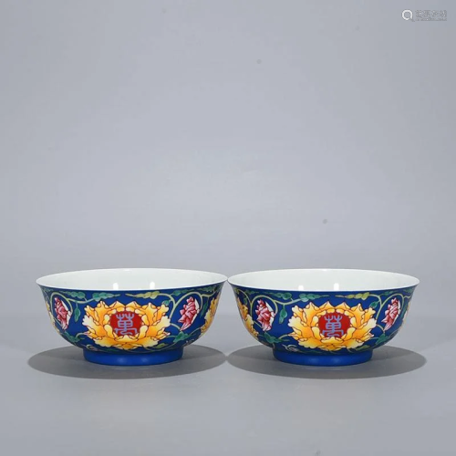 PAIR OF CHINESE BLUE GLAZE ENAMEL FLOWER BOWLS