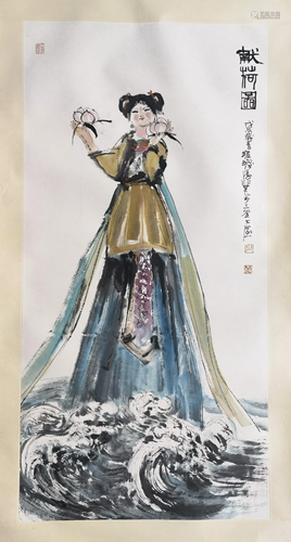 CHINESE SCROLL PAINTING OF GIRL WITH PEACH SIGNED BY