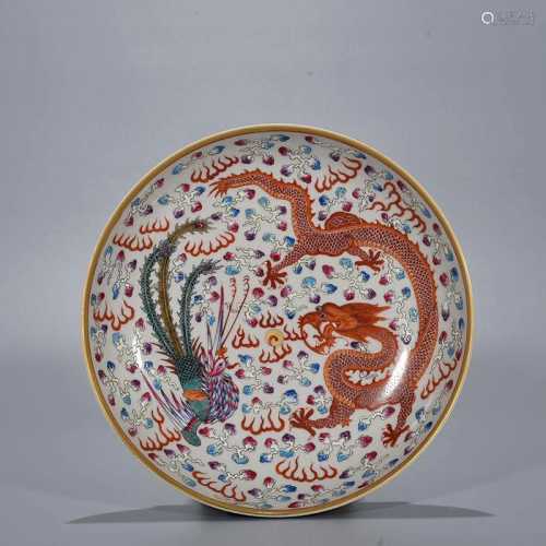 CHINESE PORCELAIN FAMILLE ROSE DRAGON AND PHOENIX PLATE