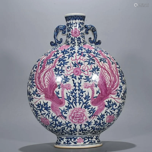 CHINESE PORCELAIN BLUE AND WHITE IRON RED PHOENIX