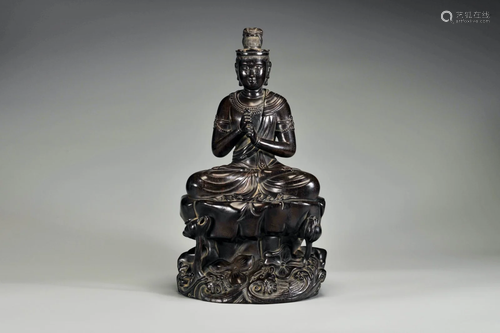 CHINESE HARDWOOD ZITAN SEATED GUANYIN ON LOTUS STAND