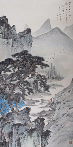 CHINESE SCROLL PAINTING OF MOUNTAIN VIEWS SIGNED BY