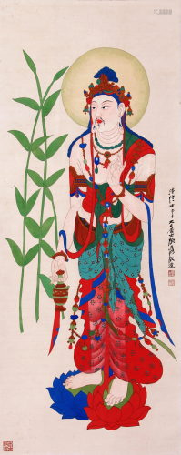 CHINESE SCROLL PAINTING OF STANDING BUDDHA SIGNED BY