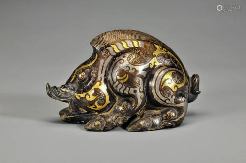 CHINESE SILVER GOLD INLAID BRONZE BEAST PAPER WEIGHT