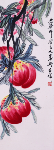 CHINESE SCROLL PAINTING OF PEACH SIGNED BY LOU SHIBAI