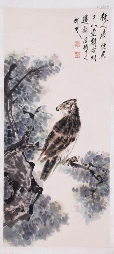 CHINESE SCROLL PAINTING OF EAGLE ON TREE SIGNED BY TANG