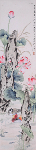 CHINESE SCROLL PAINTING OF DUCK AND LOTUS SIGNED BY