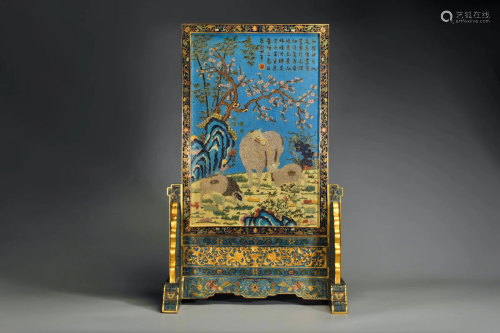 CHINESE CLOISONNE PLAQUE OF THREE RAM WITH POEM TABLE