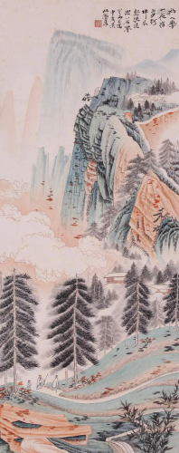CHINESE SCROLL PAINTING OF MOUNTAIN VIEWS SIGNED BY HE
