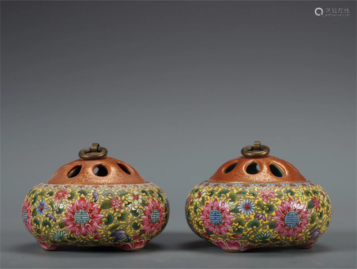 A Pair of Famille Rose Porcelain Incense Burner