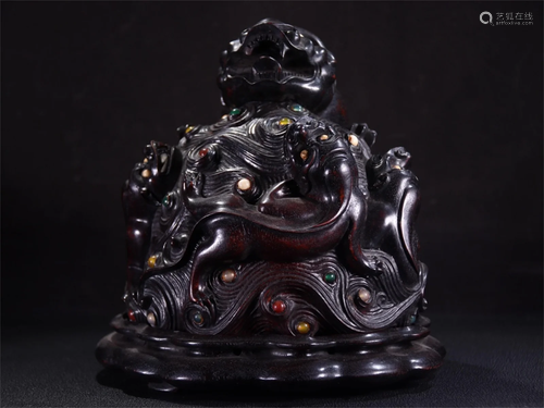 A Carved Zitan Wood Beast Shaped Incense Burner