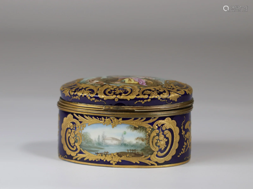 Sevres porcelain covered box painted with romantic