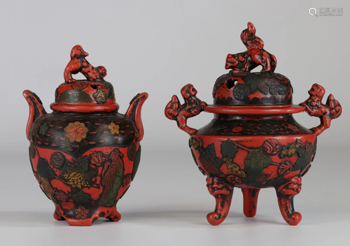 Japan Perfume burners in red lacquered stoneware 19th