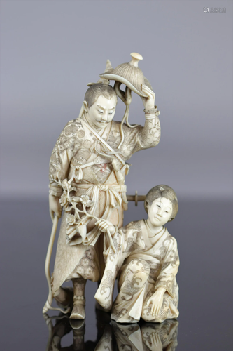 Japan imposing Okimono carved of a warrior and a young