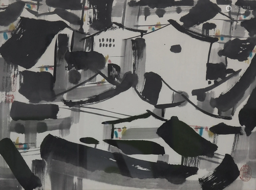 WU Guanzhong (1919-2010) watercolor on paper village in