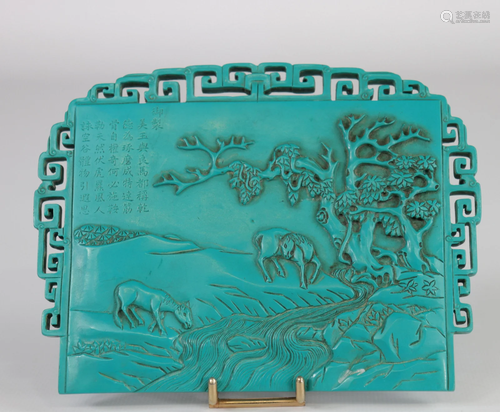 Chinese stone plaque with horse decoration, engraved