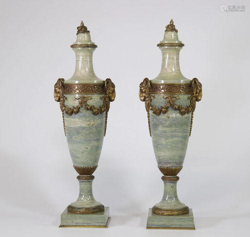 Large pair of 19th century green marble and bronze