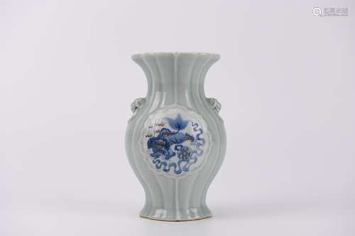 A Celadon Glaze and Underglaze Blue Lion Begonia-Shape Vase