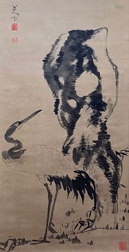 A Chinese Crane and Stone Painting Paper Scroll, Badashanren...