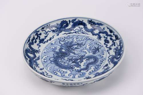 A Blue and White Dragon Plate