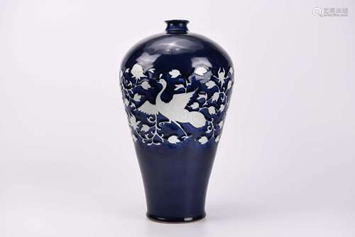 A Blue Glaze Reverse-Decorated Crane Meiping Vase