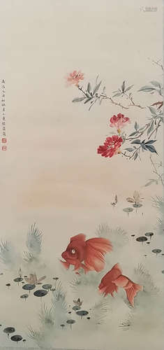 A Chinese Carp Painting Paper Scroll, Lu Xiaoman Mark