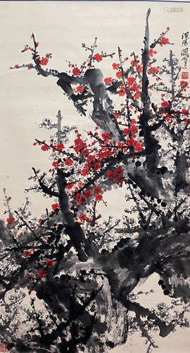 A Chinese Plum Blossom Painting Paper Scroll, Guan Shanyue M...