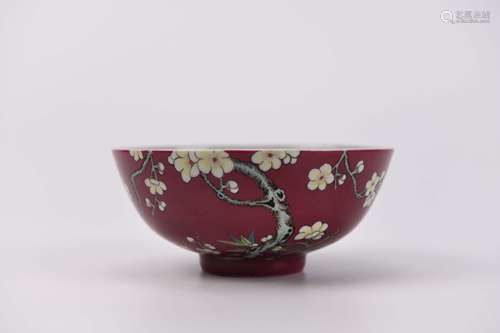 A Rouge-Red Glaze Famille Rose Plum Blossom Bowl