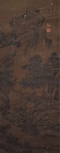 A Chinese Landscape Painting Paper Scroll, Tang Yin Mark