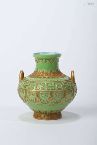 A Gilt Decorated Green Ground Double-Eared Vase