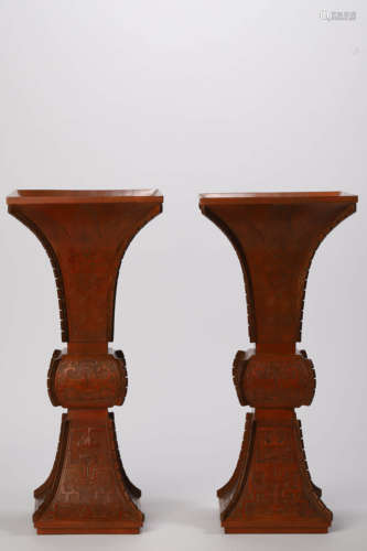 A Pair of Bamboo-Applique Chilong Gu Vases