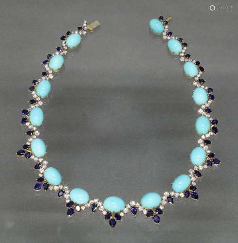Collier, GG 750, 16 Türkis-Cabochons ca. 13.5 x 9 mm - 15 x ...