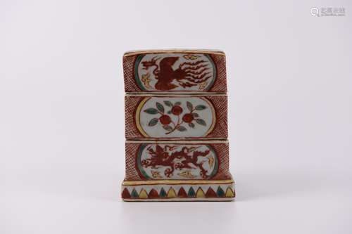 A Red and Green Enamel Dragon and Phoenix Multi-Layers Box a...