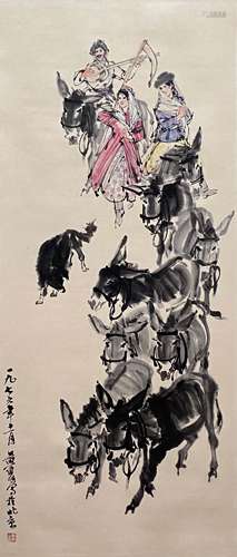 A Chinese Figure and Donkey Painting Paper Scroll, Huang Zho...