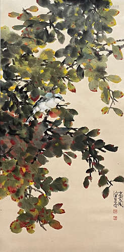 A Chinese Flower and Bird Painting Paper Scroll, Chen Peiqiu...