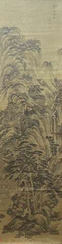 A Chinese Landscape Painting Paper Scroll, Wang Jian Mark