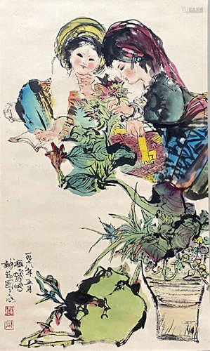 A Chinese Figure Painting Paper Scroll, Cheng Shifa Mark