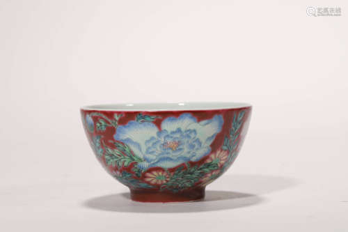 A Red-Ground Famille Rose Flower Bowl