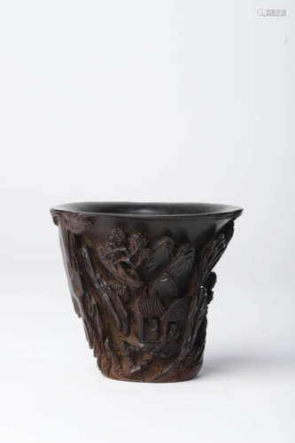 A Carved Sandalwood Landscape Cup