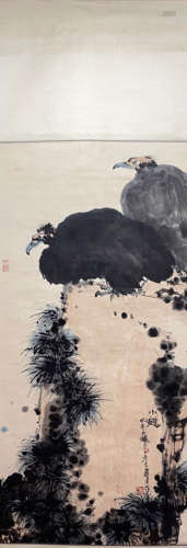 A Chinese Eagle and Pine Painting Paper Scroll, Pan Tianshou...