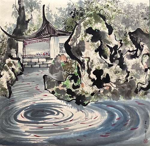 A Chinese Landscape&Pavilion Painting Paper Scroll, Wu Guanz...