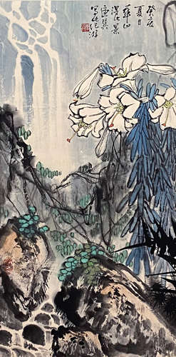 A Chinese Flower and Bird Painting Paper Scroll, Tang Shiyao...